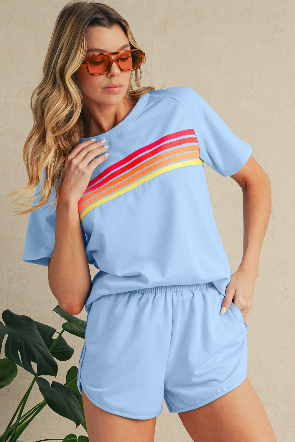 Beau Blue Colorful Striped Casual Tee – Shewin | ClozArt