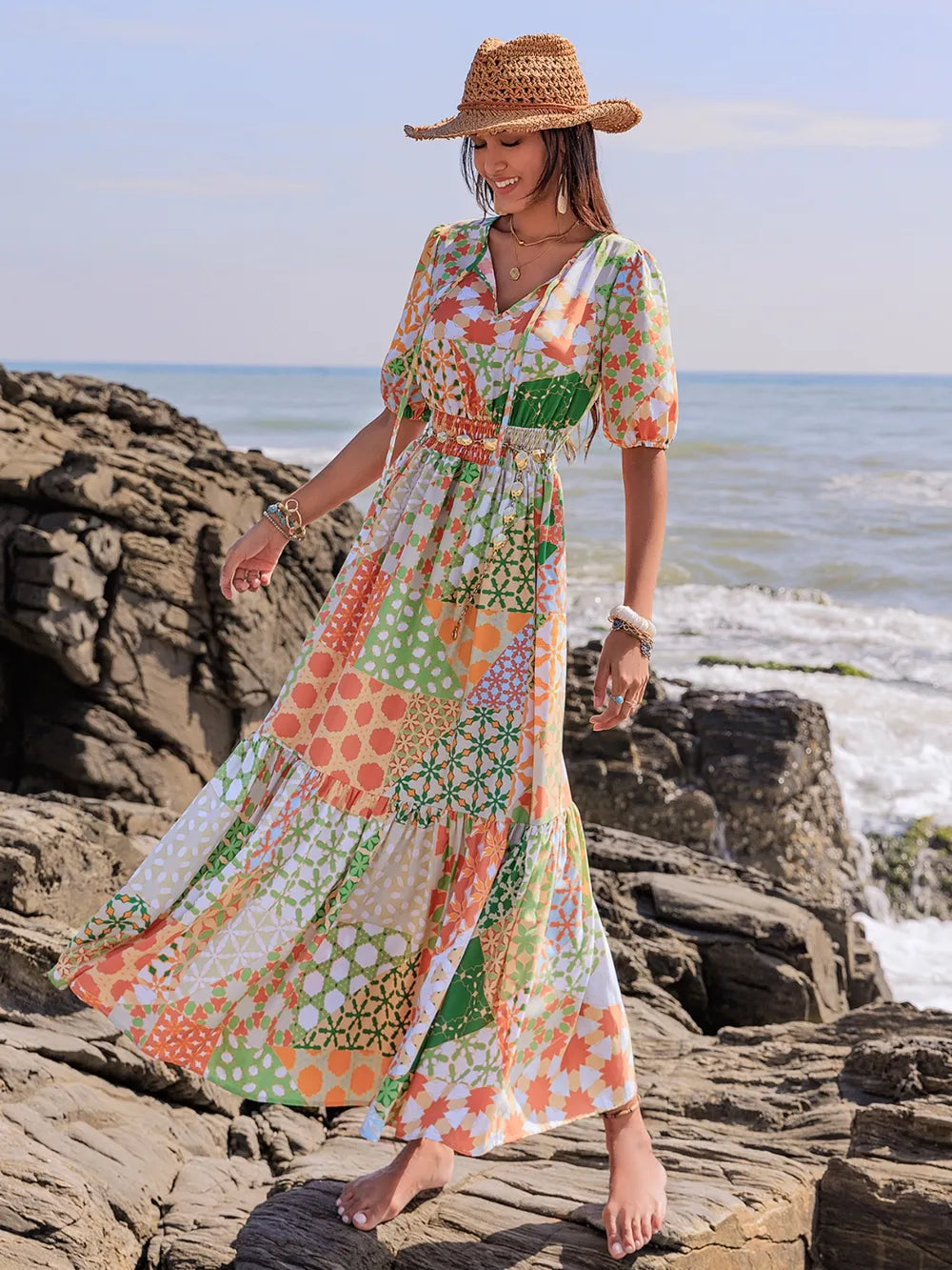 Printed Smocked Waist Short Sleeve Maxi Dress – Trendsi | ClozArt