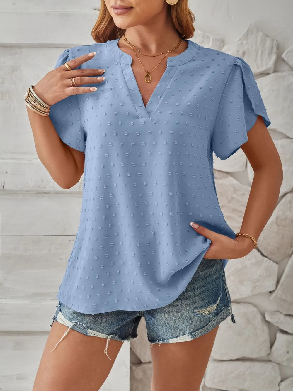 Swiss Dot Notched Petal Sleeve T-Shirt – Trendsi | ClozArt