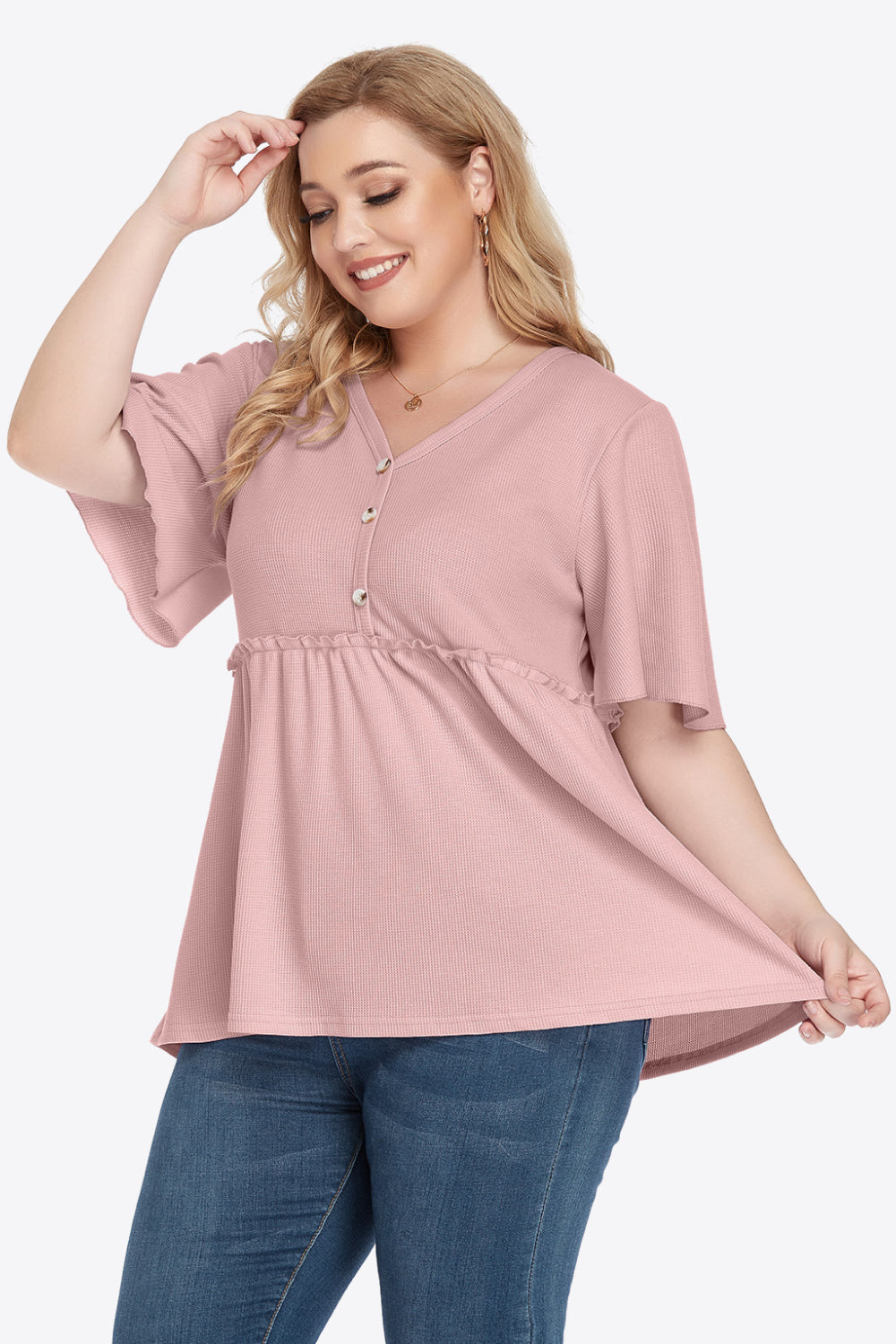 Plus Size Buttoned V-Neck Frill Trim Babydoll Blouse – Trendsi | ClozArt