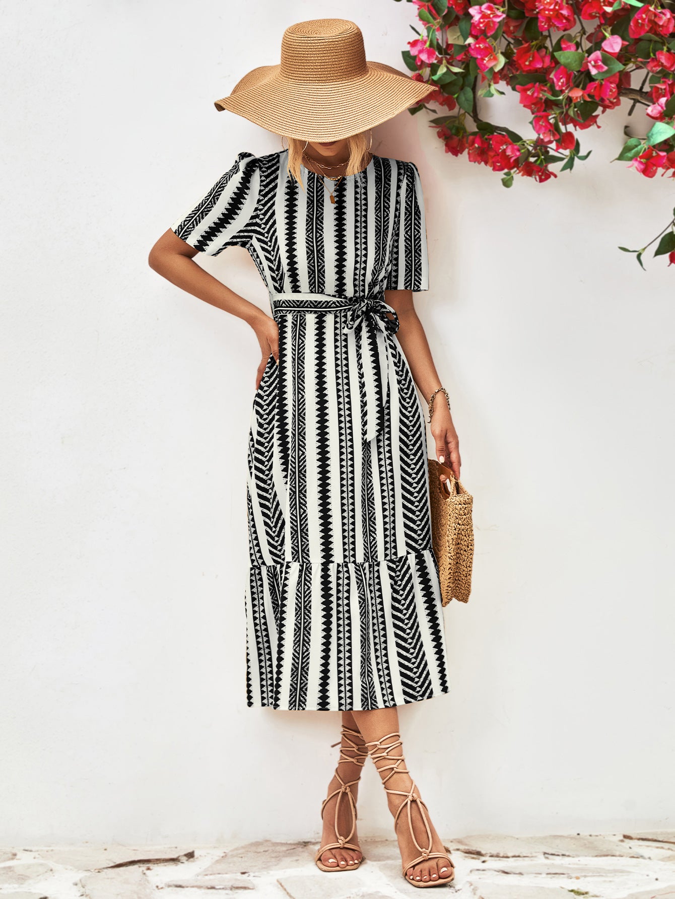 Striped Tie Belt Round Neck Puff Sleeve Dress – Trendsi | ClozArt