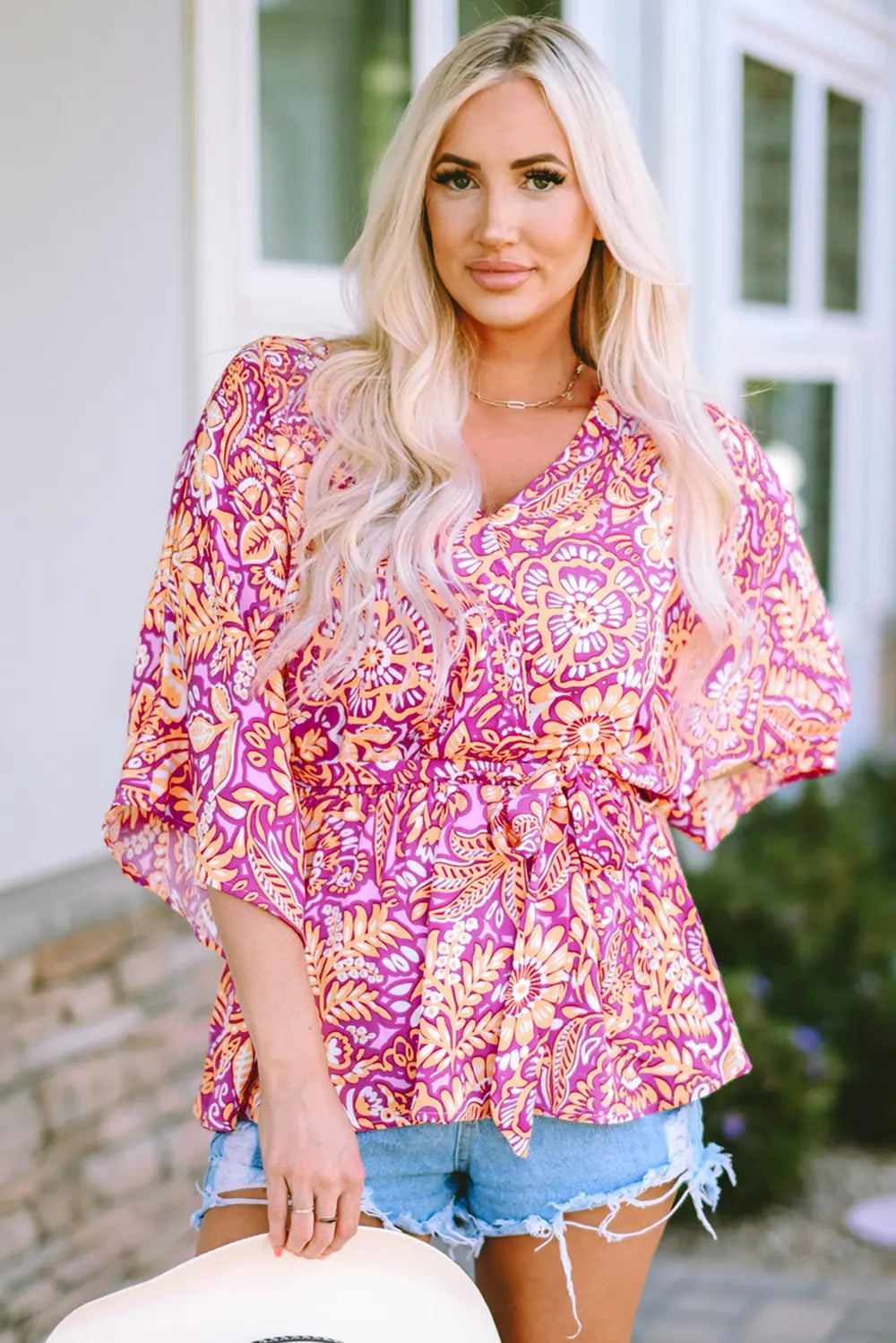 Floral V-Neck Tie Front Ruffled Blouse – Trendsi | ClozArt