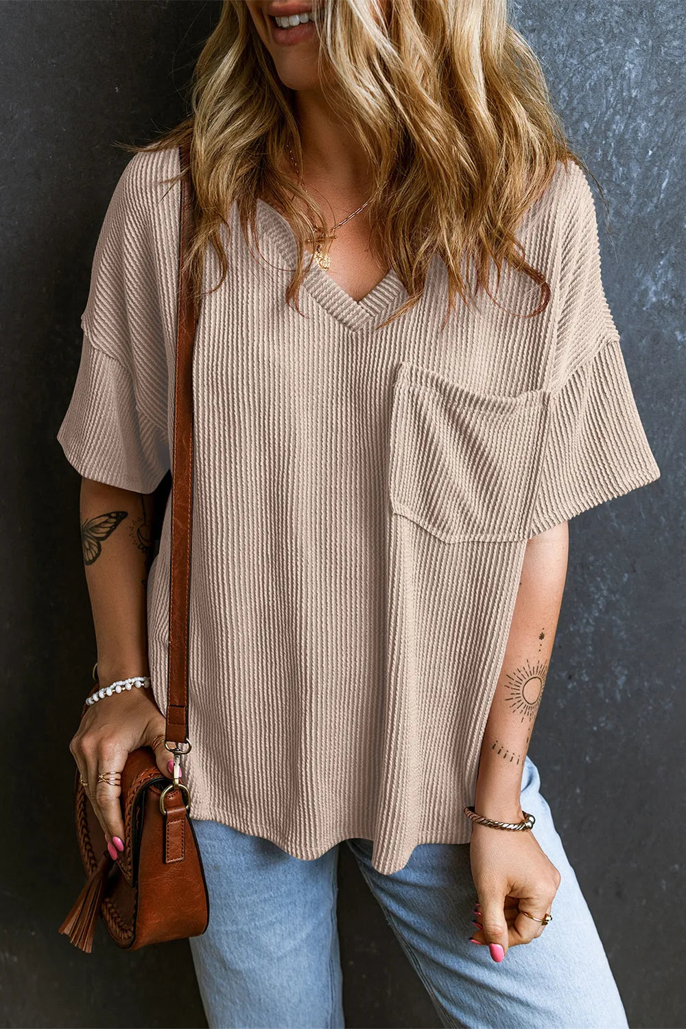 Textured V-Neck Dropped Shoulder T-Shirt – Trendsi | ClozArt