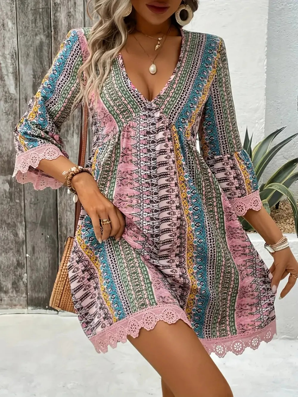 Lace Trim Printed V-Neck 3/4 Sleeve Dress – Trendsi | ClozArt