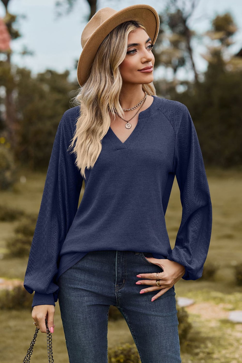 Notched Neck Raglan Sleeve Blouse – Trendsi | ClozArt