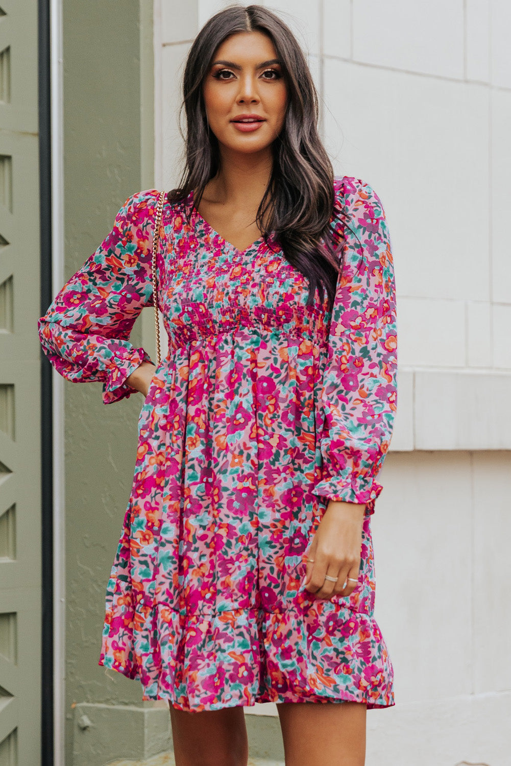 Floral Smocked V-Neck Flounce Sleeve Dress – Trendsi | ClozArt