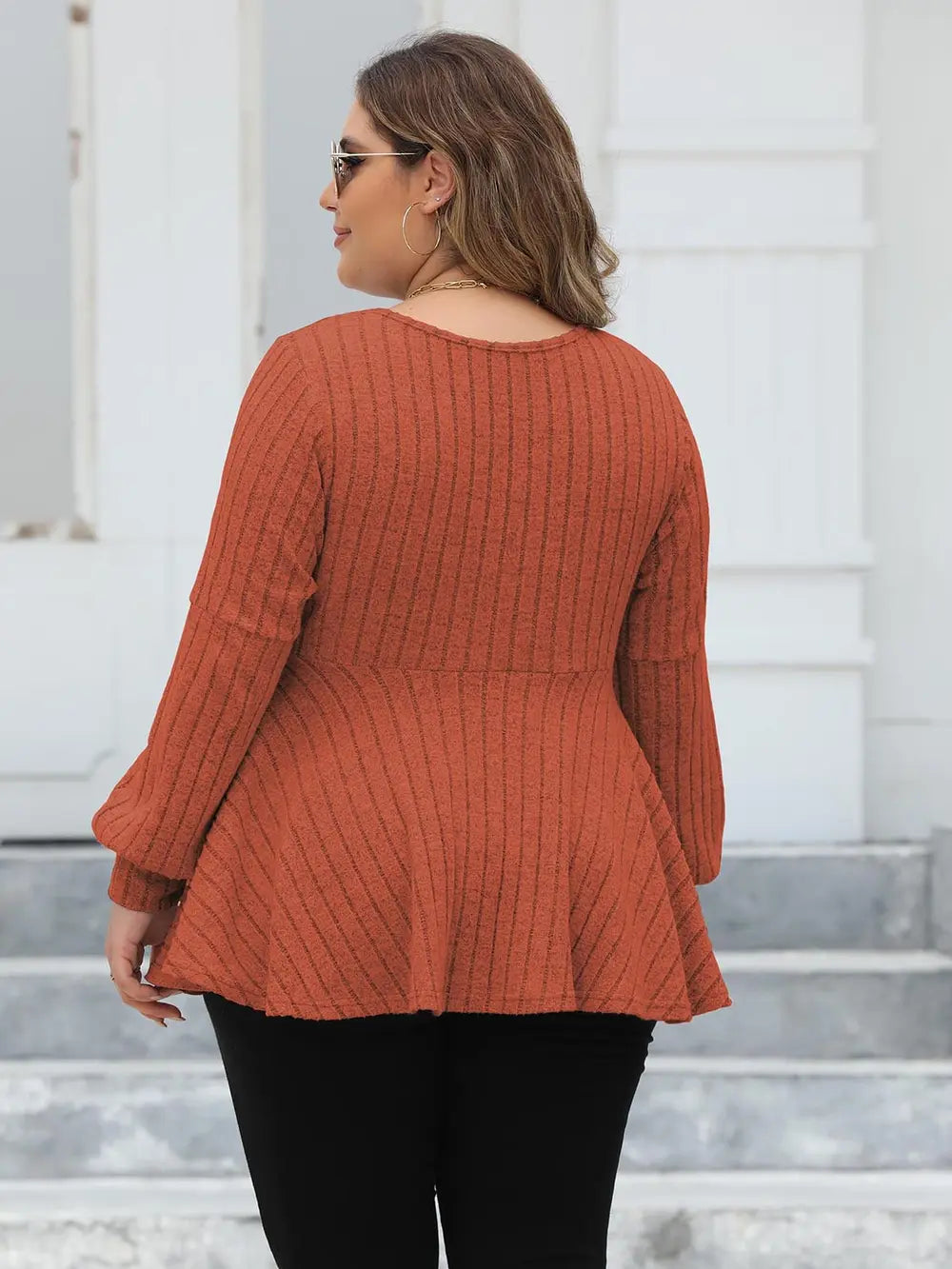 Plus Size Ribbed V-Neck Long Sleeve Blouse – Trendsi | ClozArt