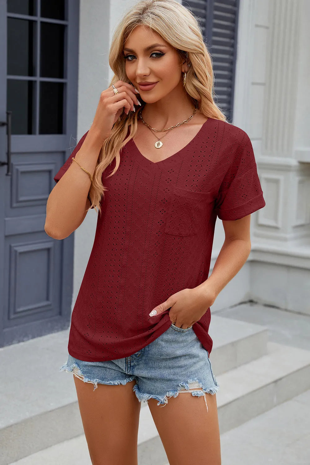 Eyelet V-Neck Short Sleeve T-Shirt – Trendsi | ClozArt