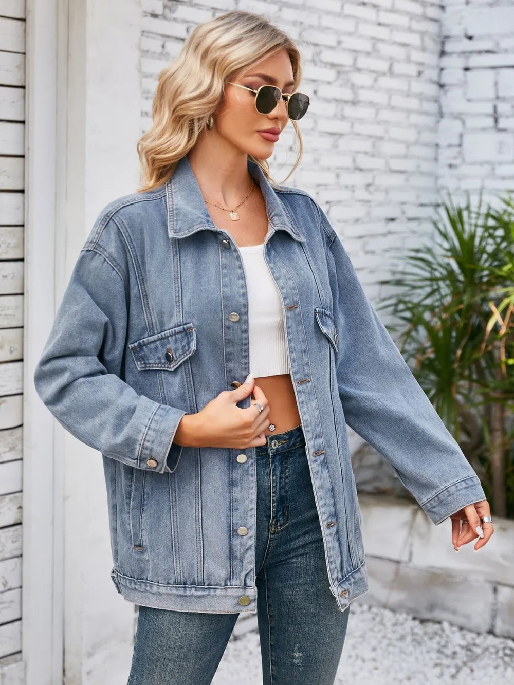 Button Up Long Sleeve Denim Jacket – Trendsi | ClozArt