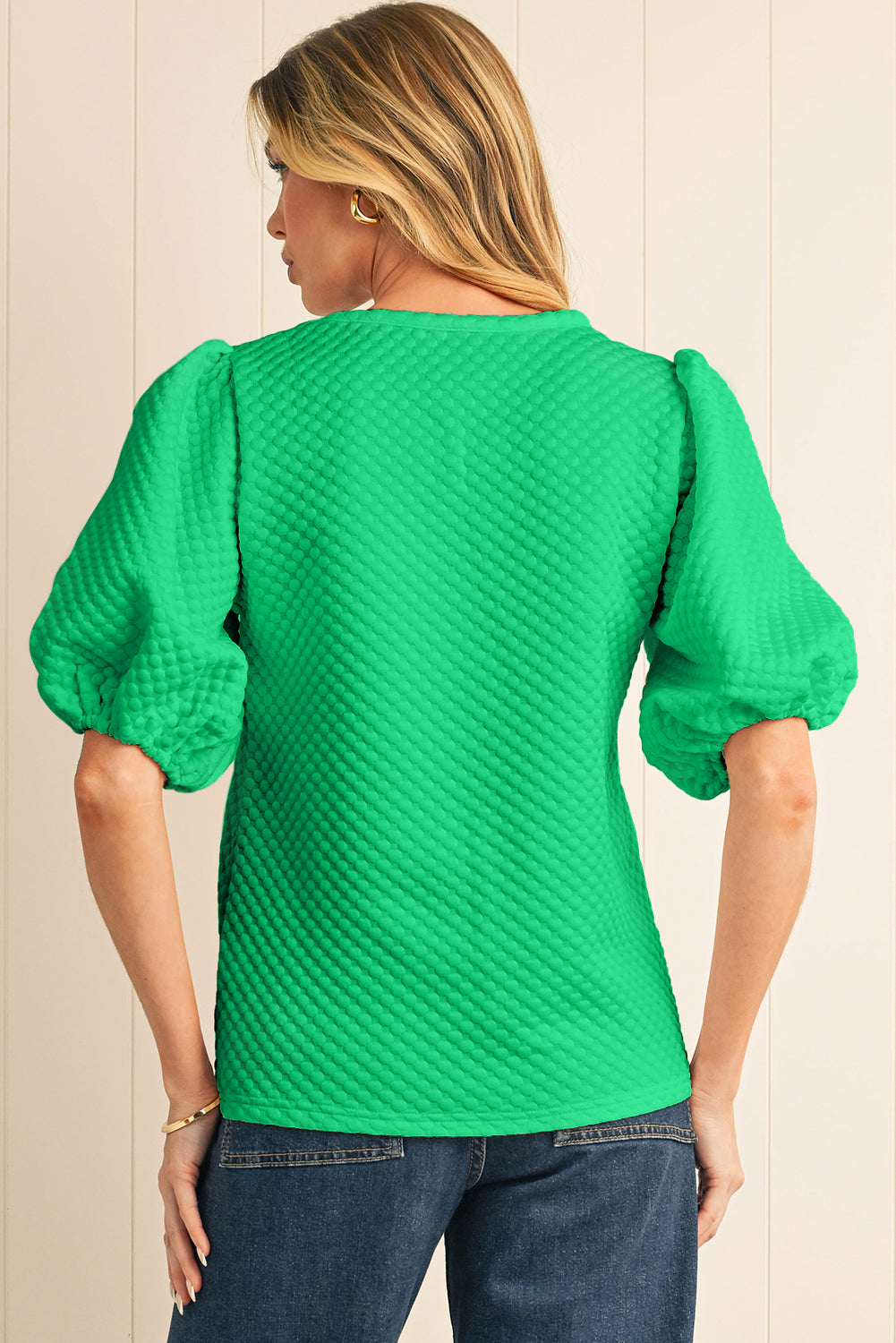 White Solid Textured O Neck Puff Sleeve Blouse – Shewin | ClozArt