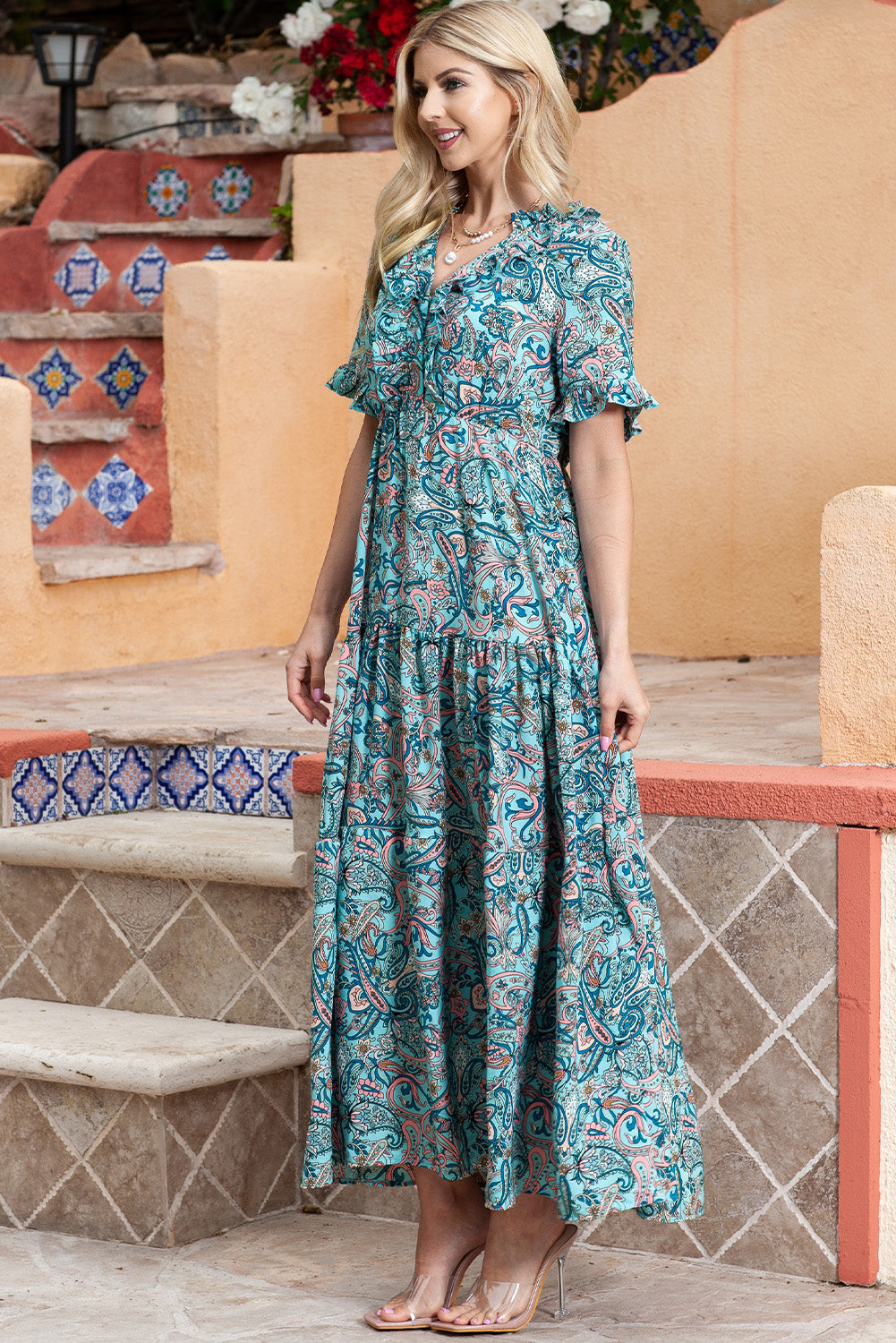 Paisley Print Flounce Sleeve Maxi Dress – Trendsi | ClozArt