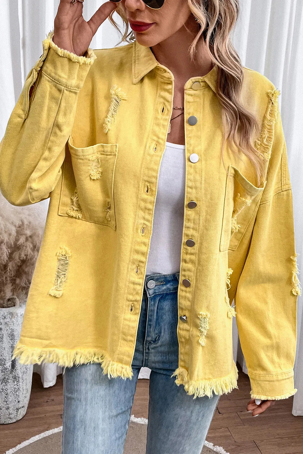 Distressed Button Up Raw Hem Denim Jacket – Trendsi | ClozArt