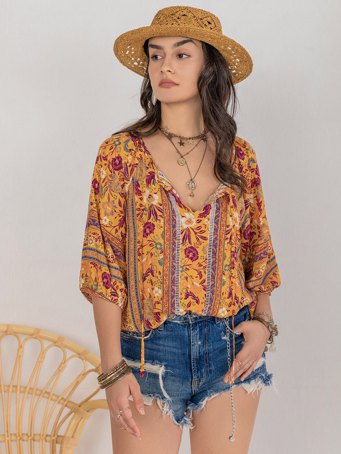 Printed Tie Neck Blouse – Trendsi | ClozArt