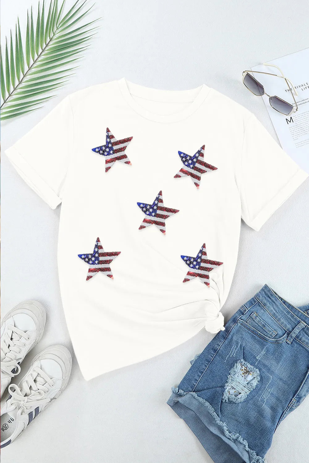Sequin Star Round Neck Short Sleeve T-Shirt – Trendsi | ClozArt