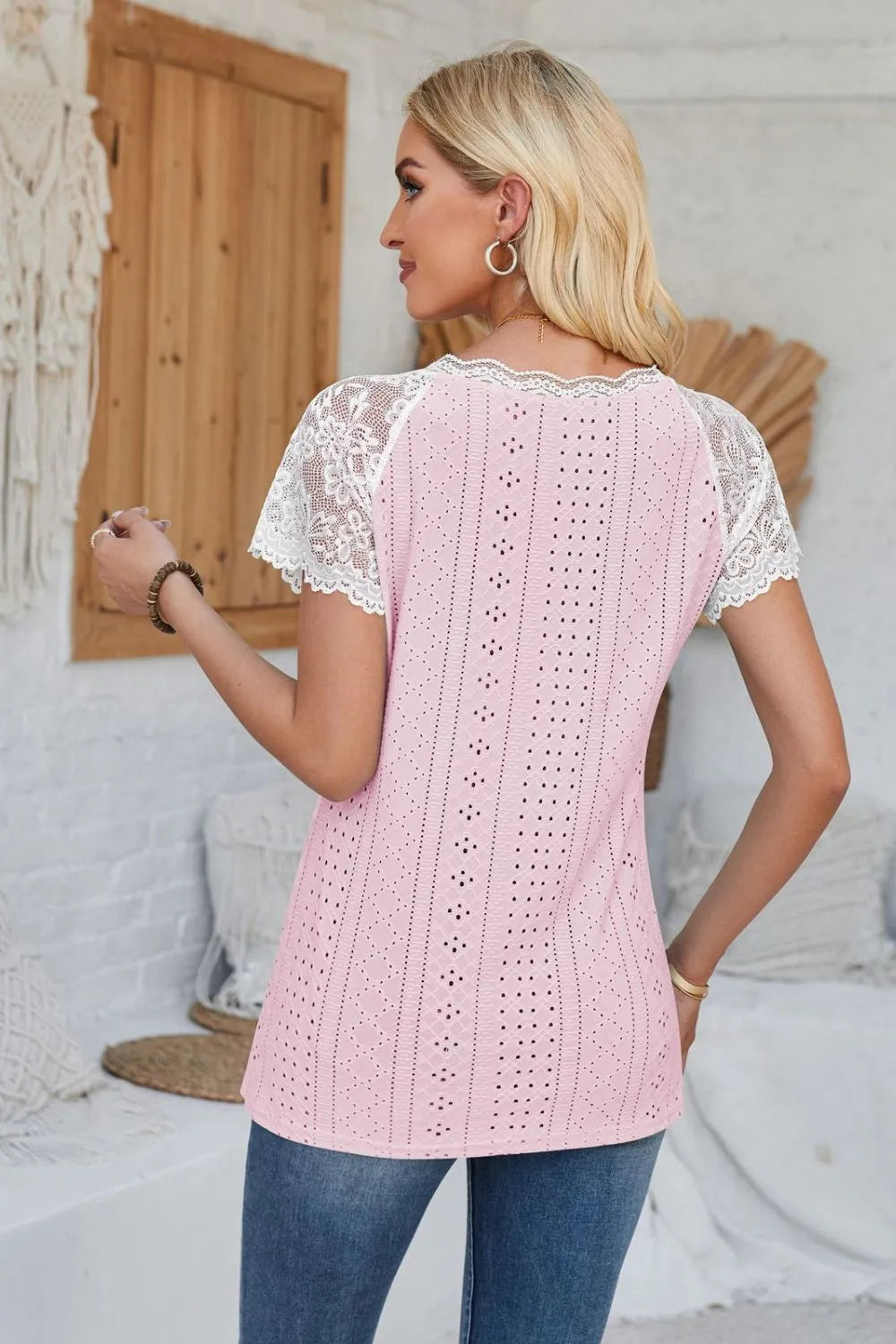 Eyelet V-Neck Lace Short Sleeve T-Shirt – Trendsi | ClozArt