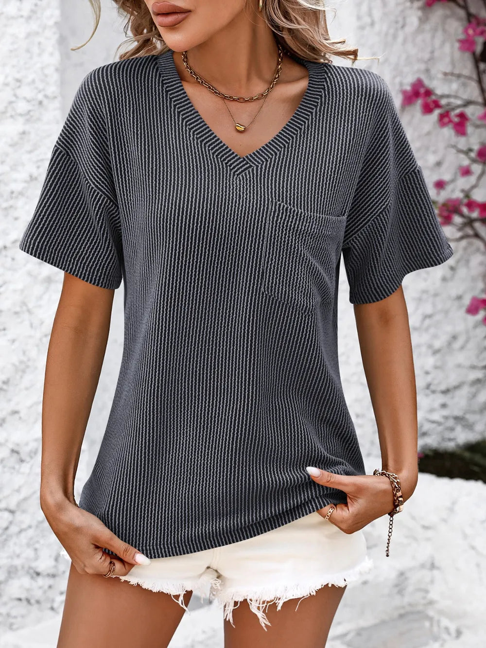 Mandy V-Neck Dropped Shoulder T-Shirt – Trendsi | ClozArt