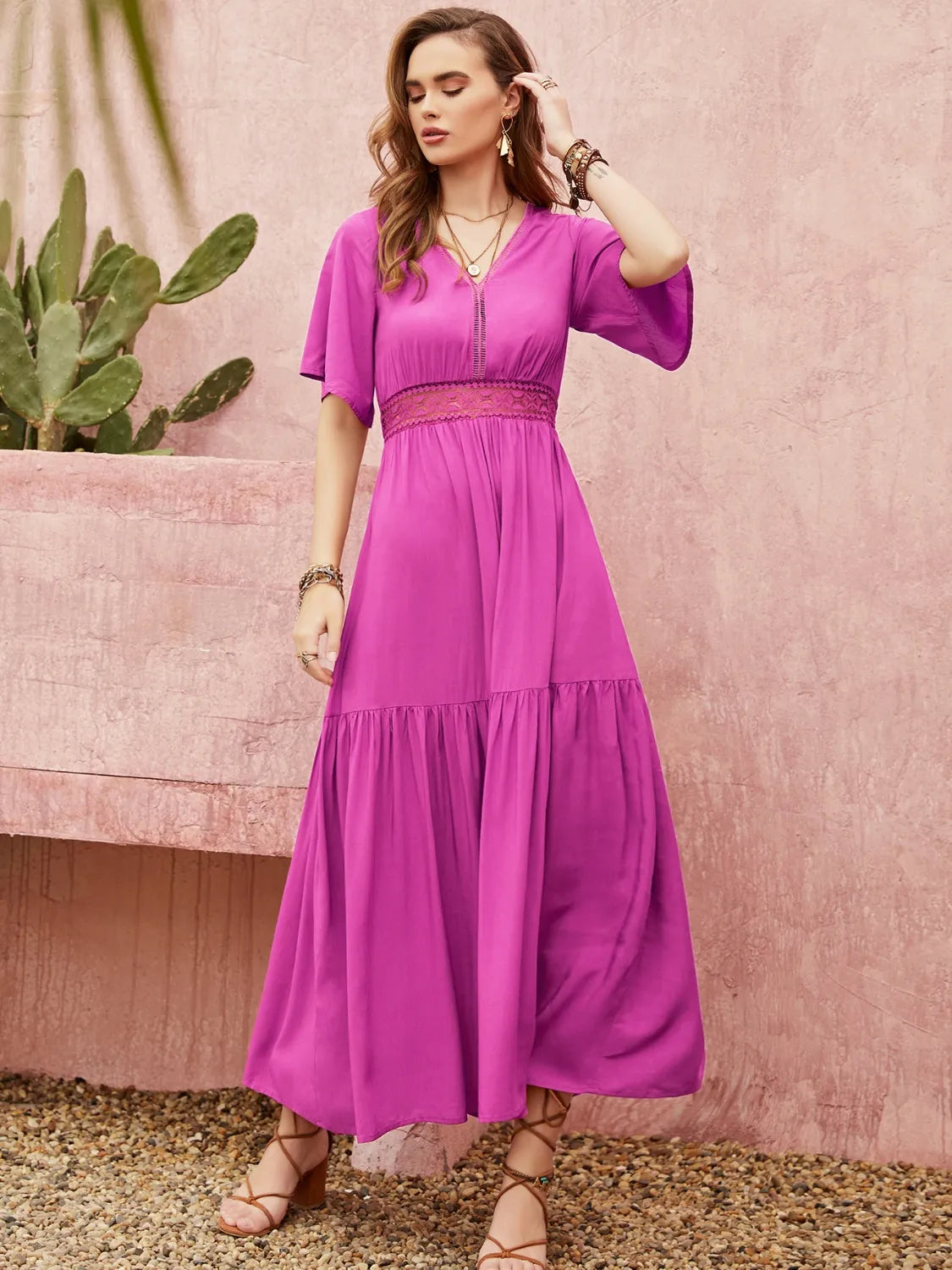 Lace Detail V-Neck Short Sleeve Midi Dress – Trendsi | ClozArt