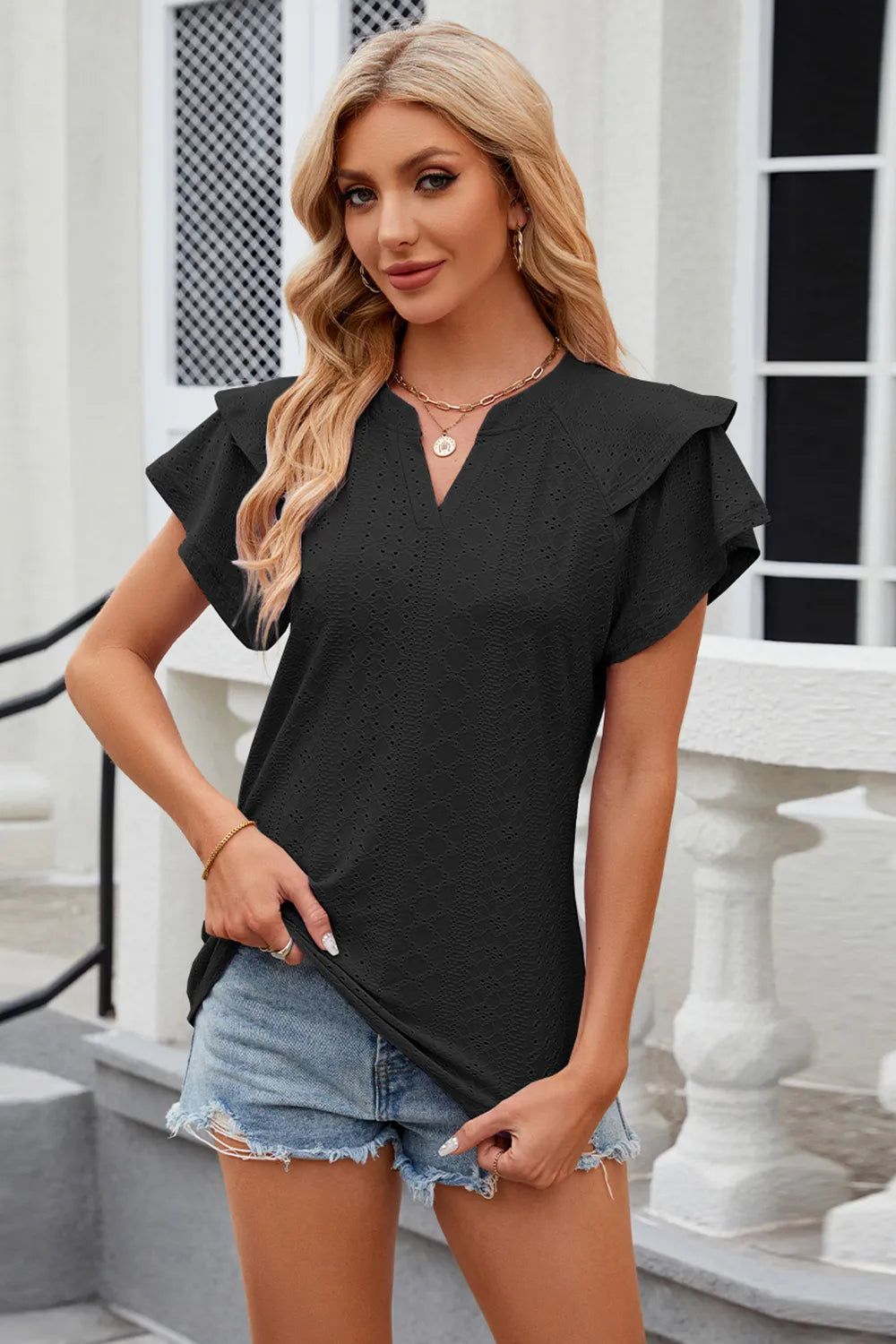 Eyelet Notched Short Sleeve T-Shirt – Trendsi | ClozArt