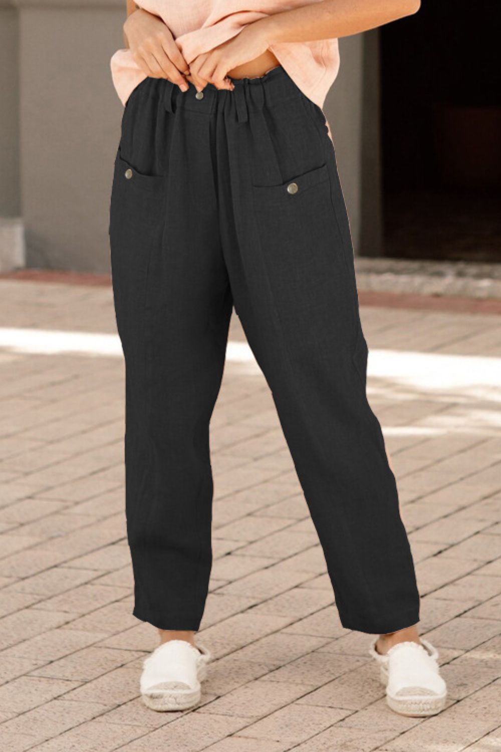 Button Detail Elastic Waist Pocket Pants – Trendsi | ClozArt