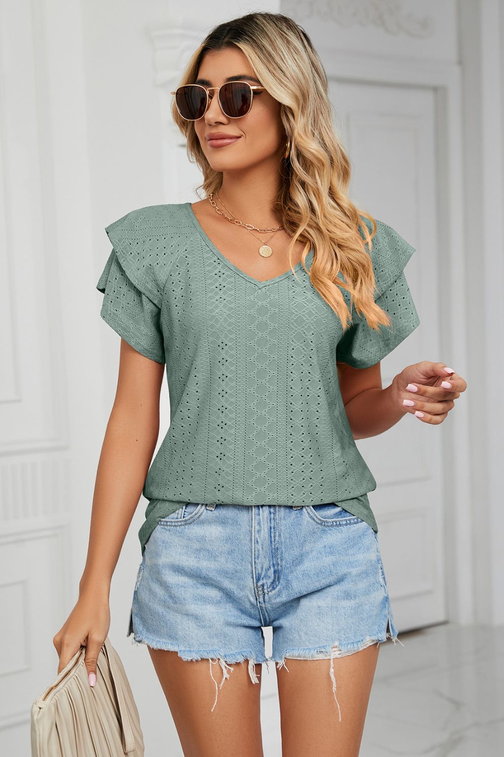 Eyelet Layered Flutter Sleeve V-Neck Knit Top – Trendsi | ClozArt