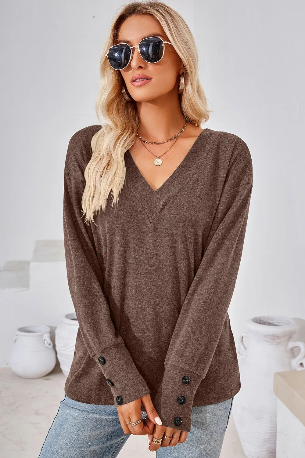 V-Neck Dropped Shoulder T-Shirt – Trendsi | ClozArt