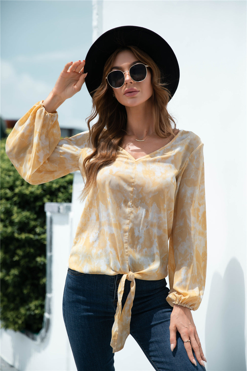 Tie-Dye Tied Balloon Sleeve Blouse – Trendsi | ClozArt