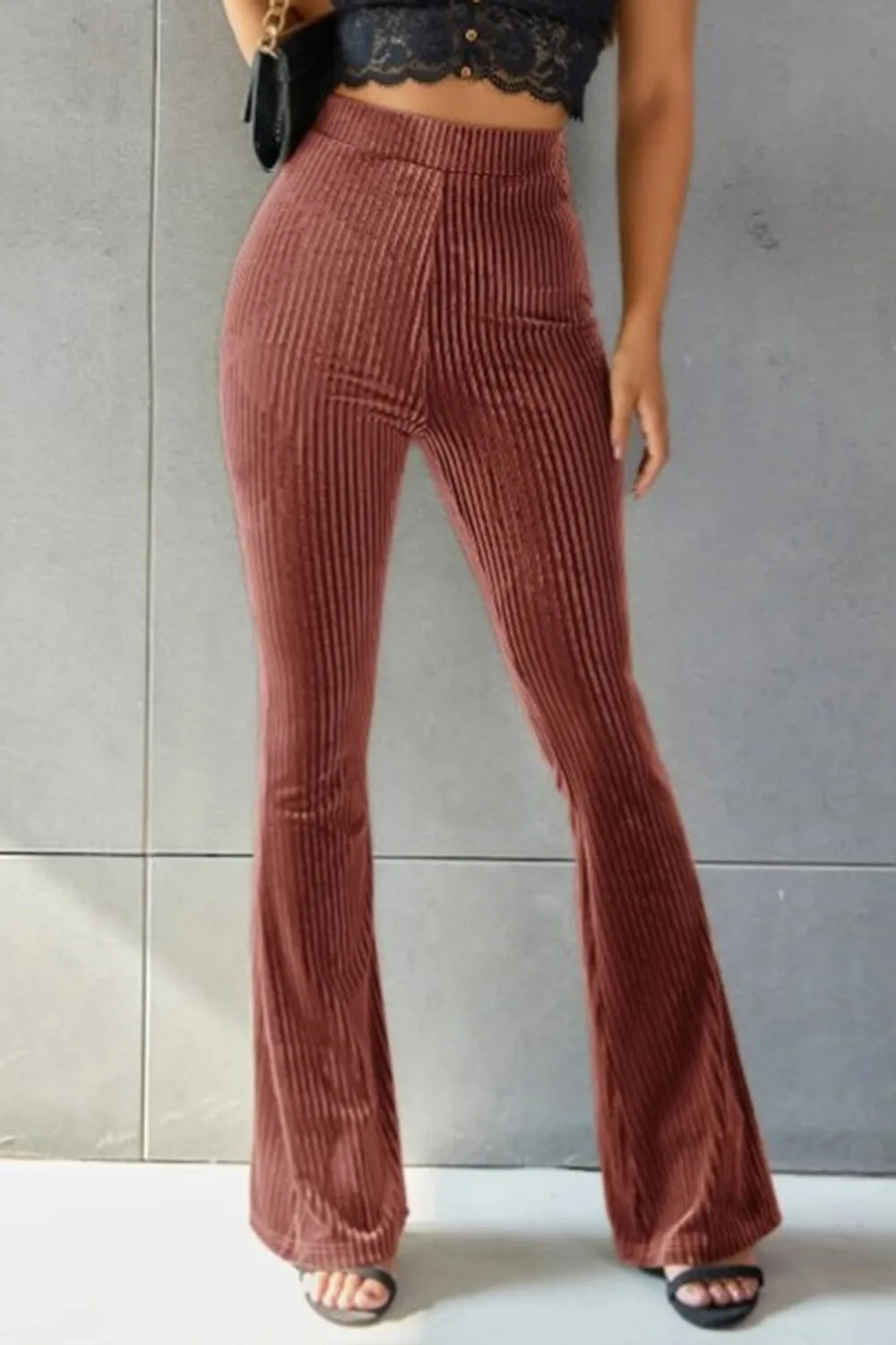Ribbed High Waist Flare Pants – Trendsi | ClozArt
