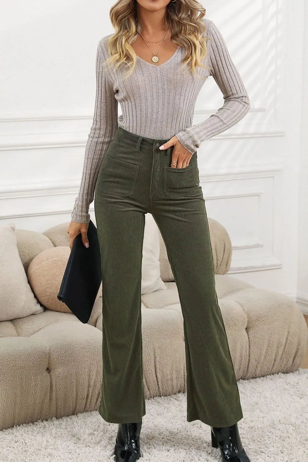 High Waist Square Pockets Corduroy Pants – Trendsi | ClozArt