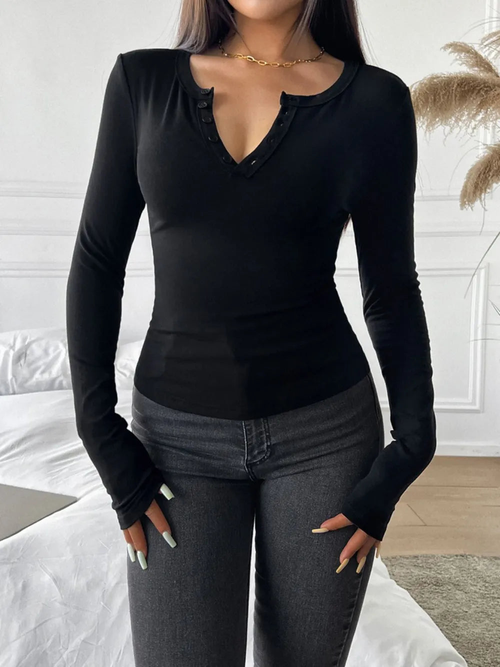 Devine Quarter Button Long Sleeve T-Shirt – Trendsi | ClozArt