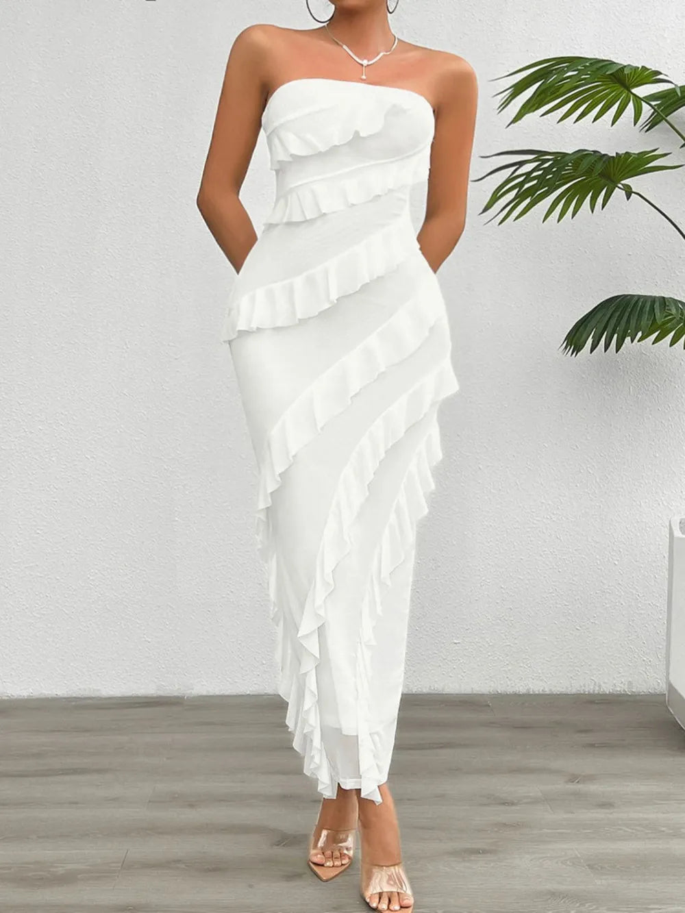 Devine Ruffled Slit Back Tube Maxi Dress – Trendsi | ClozArt