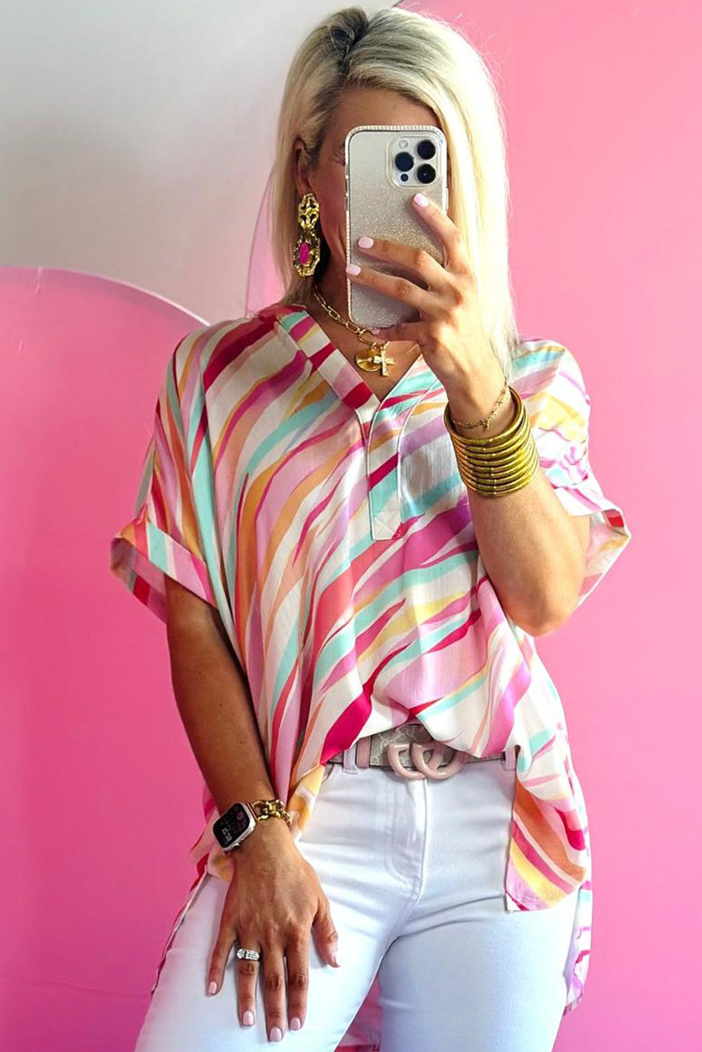 Multicolour Abstract Print High Low Blouse – Shewin | ClozArt