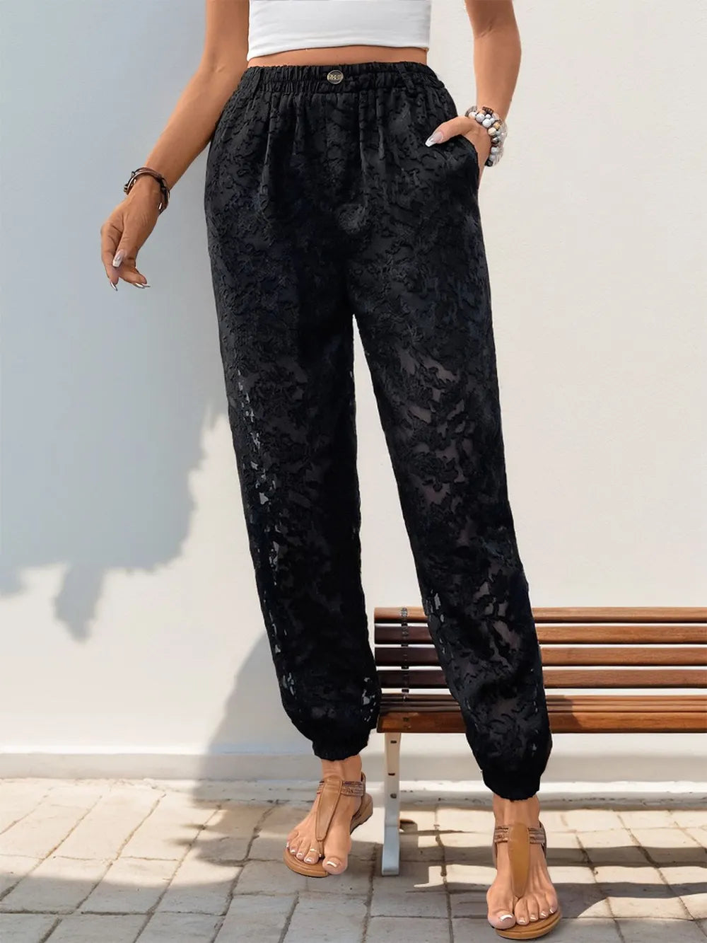 Perfee Pocketed Lace Elastic Waist Pants – Trendsi | ClozArt