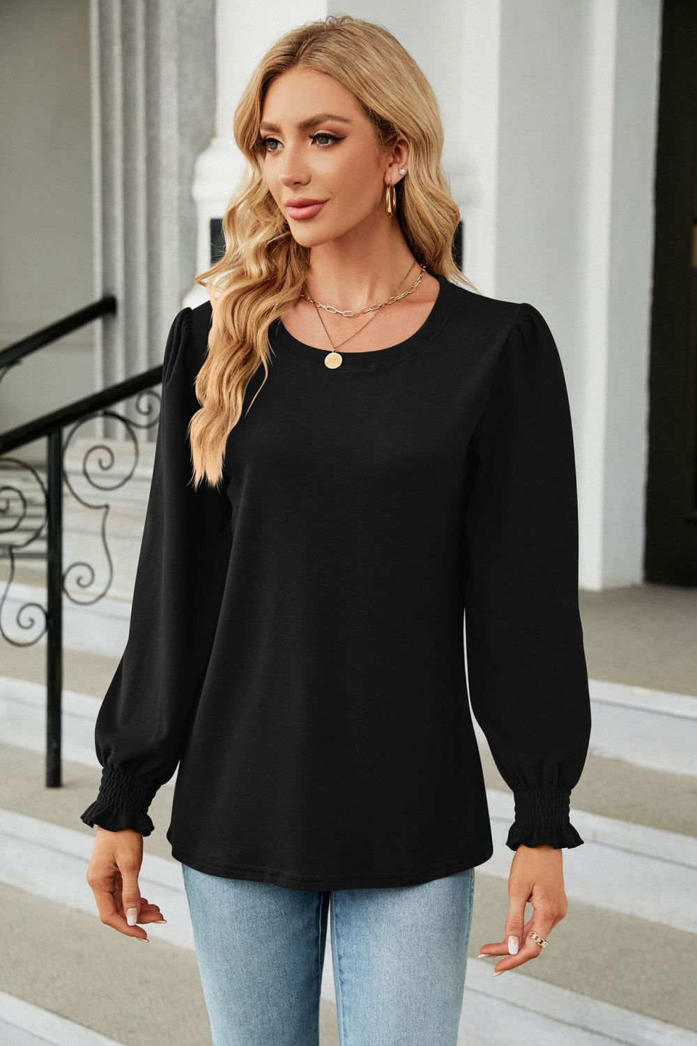 Round Neck Smocked Flounce Sleeve Blouse – Trendsi | ClozArt