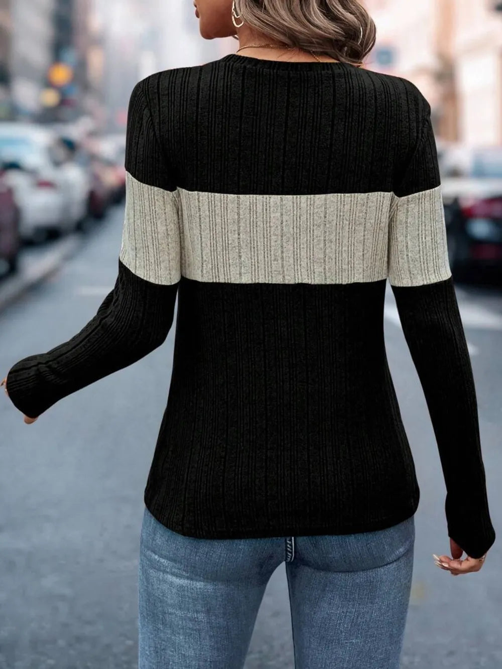 Color Block Round Neck Long Sleeve Top – Trendsi | ClozArt