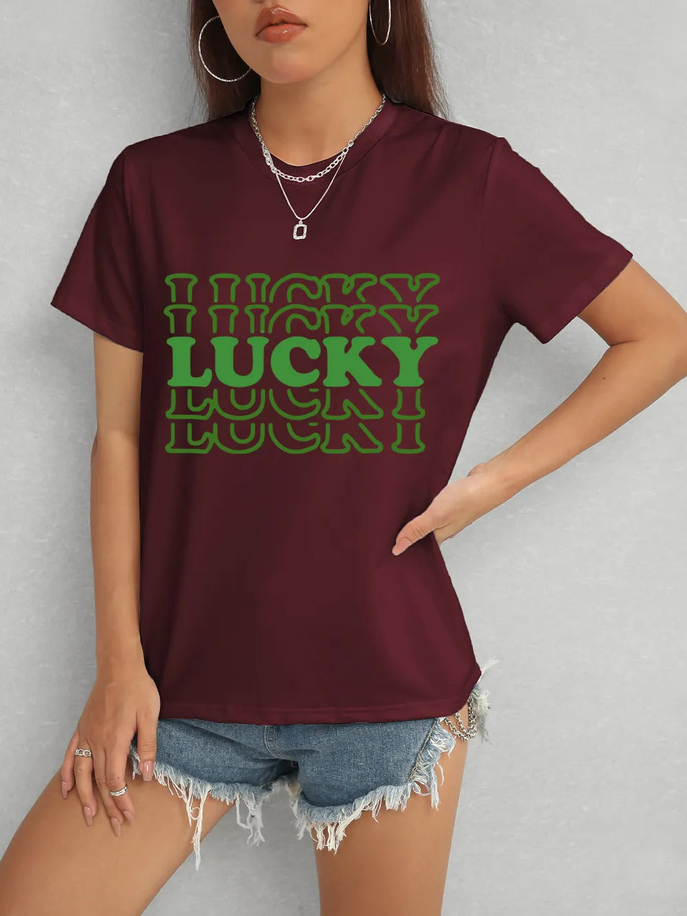 LUCKY Round Neck Short Sleeve T-Shirt – Trendsi | ClozArt