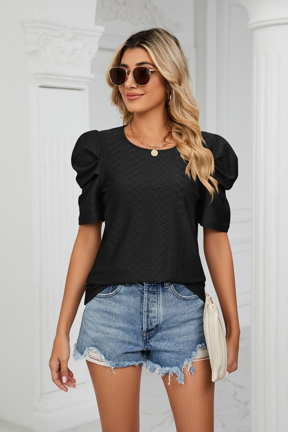 Eyelet Puff Sleeve Round Neck Blouse – Trendsi | ClozArt