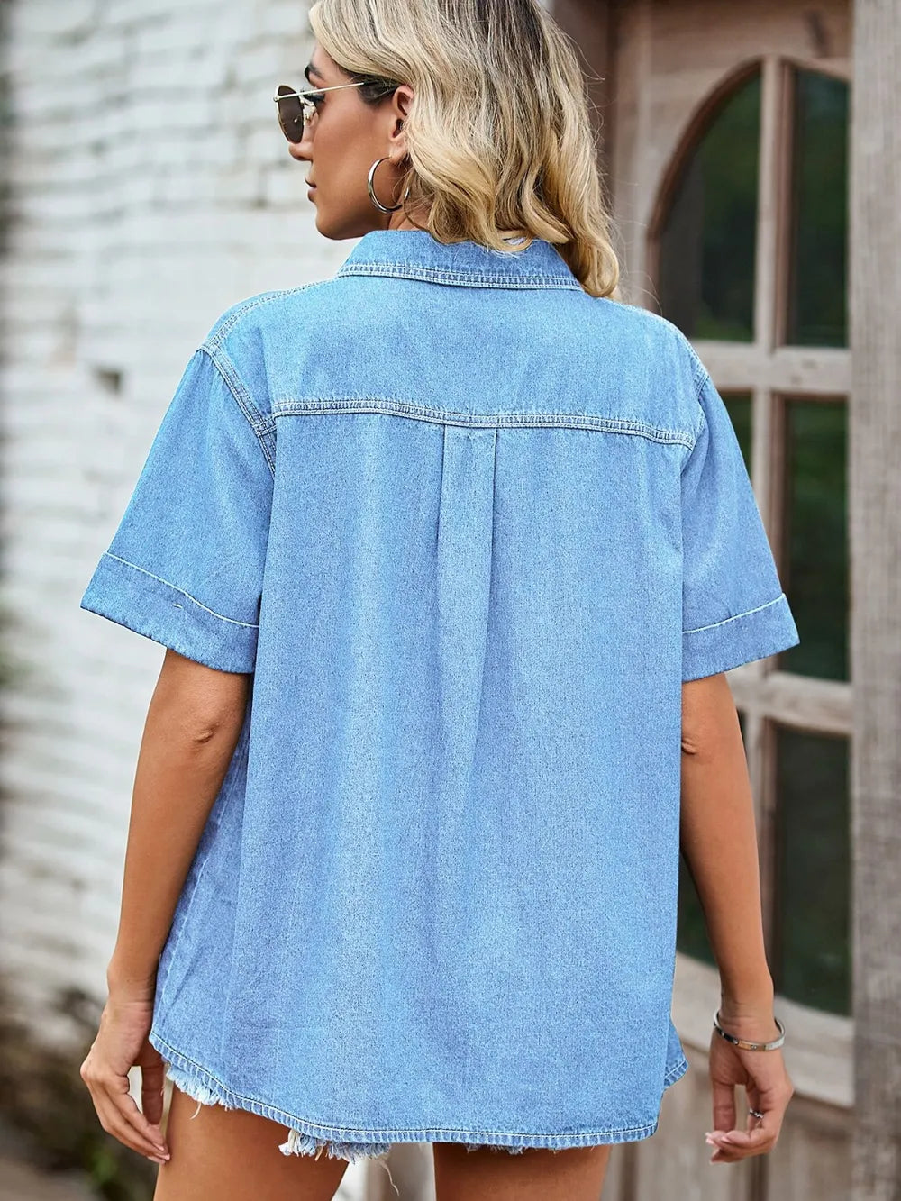 Pocketed Button Up Short Sleeve Denim Shirt – Trendsi | ClozArt