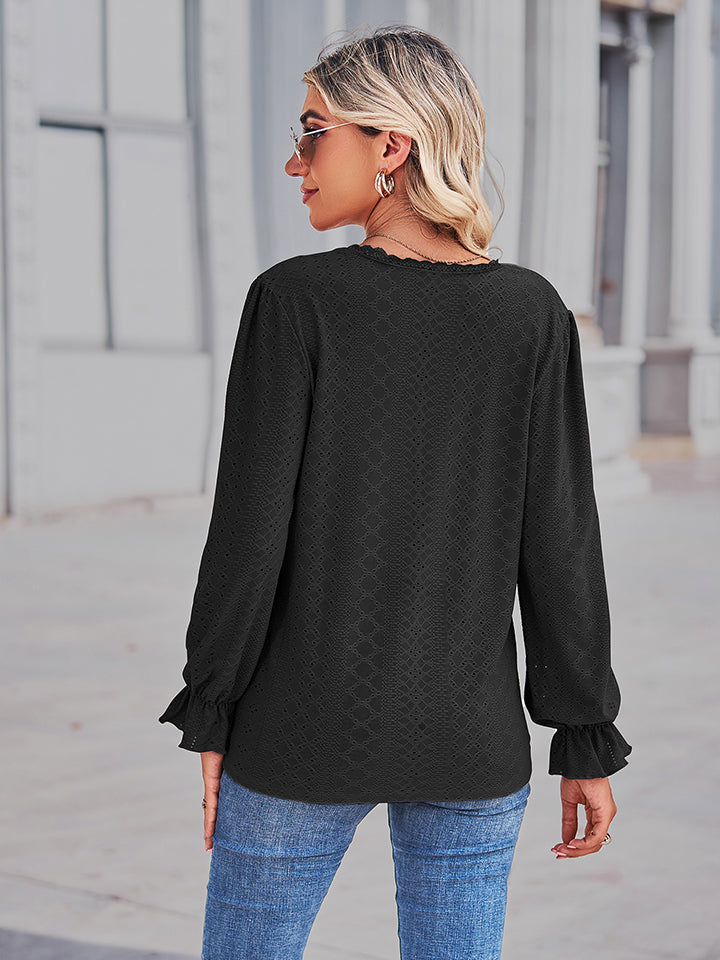 Eyelet V-Neck Flounce Sleeve Blouse – Trendsi | ClozArt