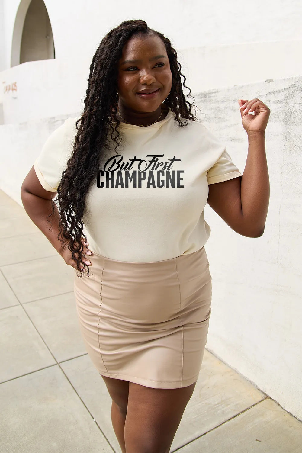 Simply Love Full Size BUT FIRST CHAMPAGNE Round Neck T-Shirt – Trendsi | ClozArt