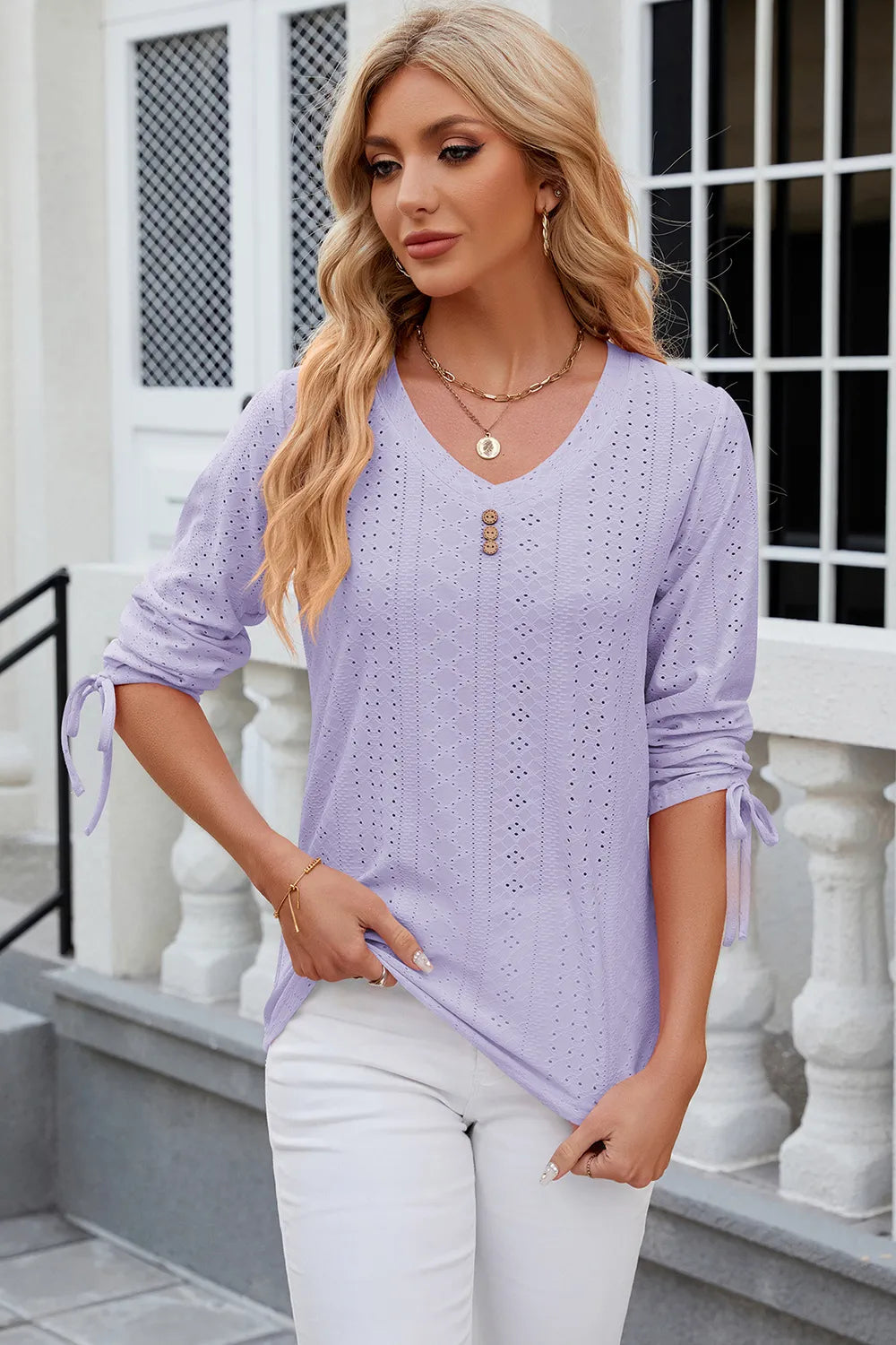 Eyelet Drawstring V-Neck Half Sleeve T-Shirt – Trendsi | ClozArt