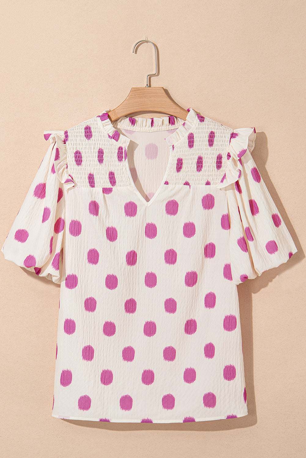 Black Polka Dot Print Smocked Notched Neck Balloon Sleeve Blouse – Shewin | ClozArt