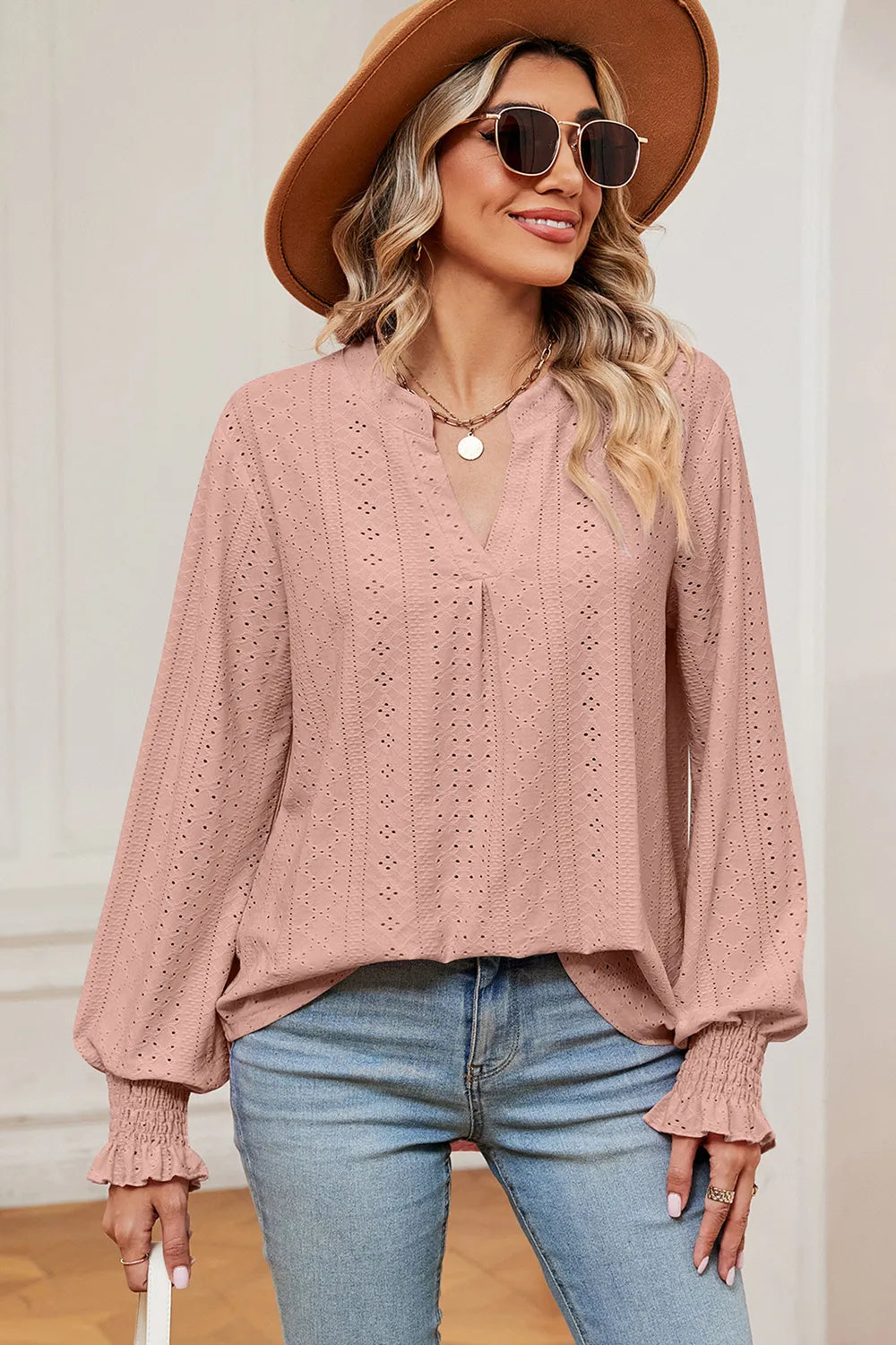 Eyelet Notched Long Sleeve T-Shirt – Trendsi | ClozArt