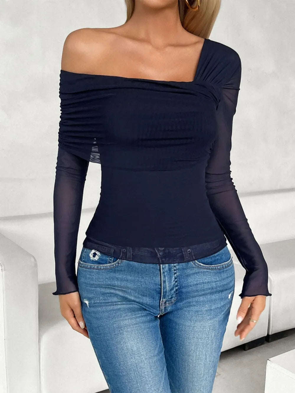Devine Ruched Asymmetrical Long Sleeve T-Shirt – Trendsi | ClozArt