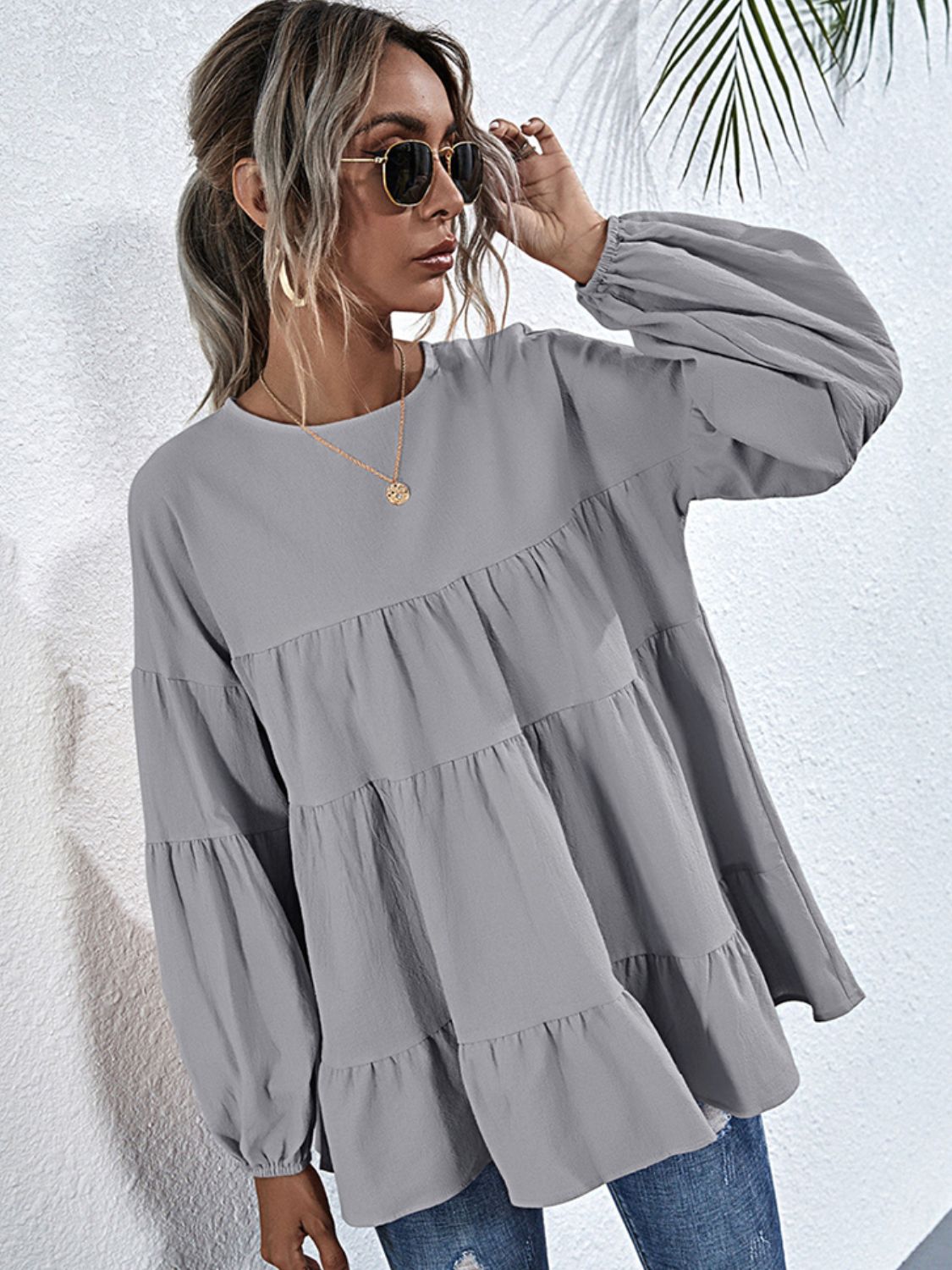 Shiny Round Neck Dropped Shoulder Tiered Blouse – Trendsi | ClozArt