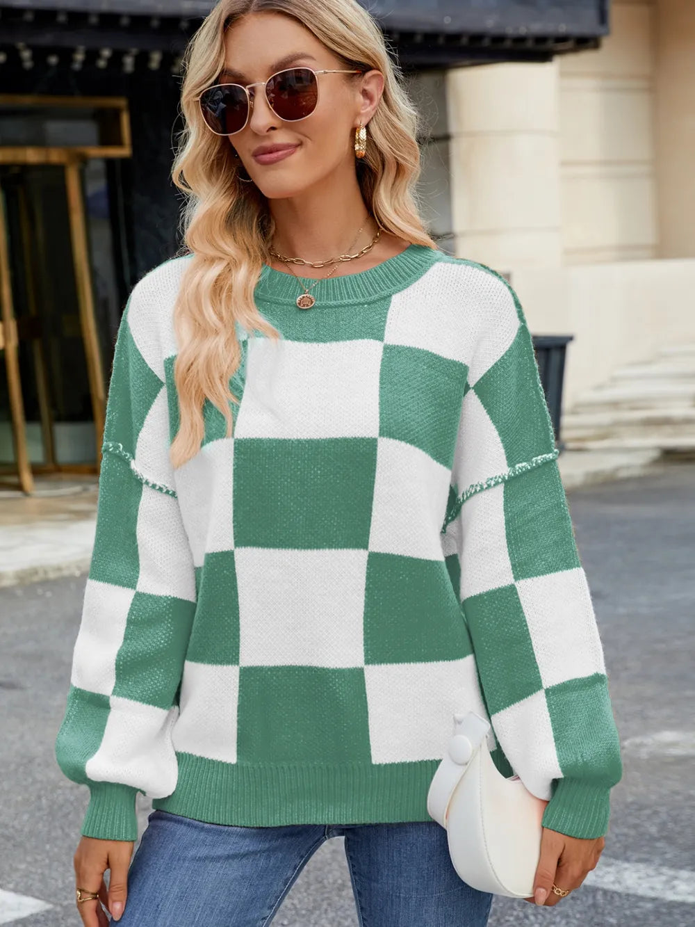 Checkered Round Neck Long Sleeve Sweater – Trendsi | ClozArt