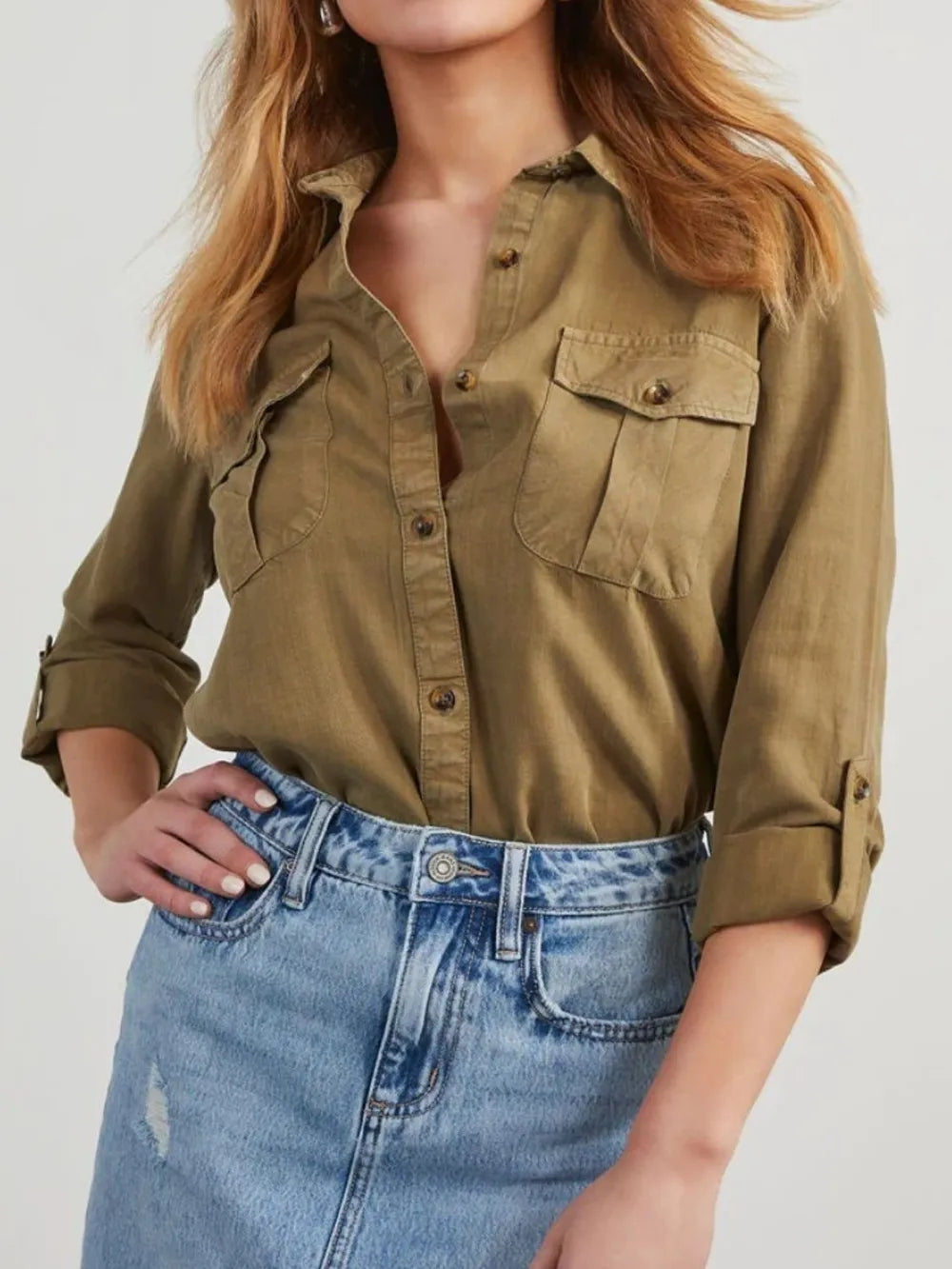 Collared Neck Roll-Tab Sleeve Denim Top – Trendsi | ClozArt