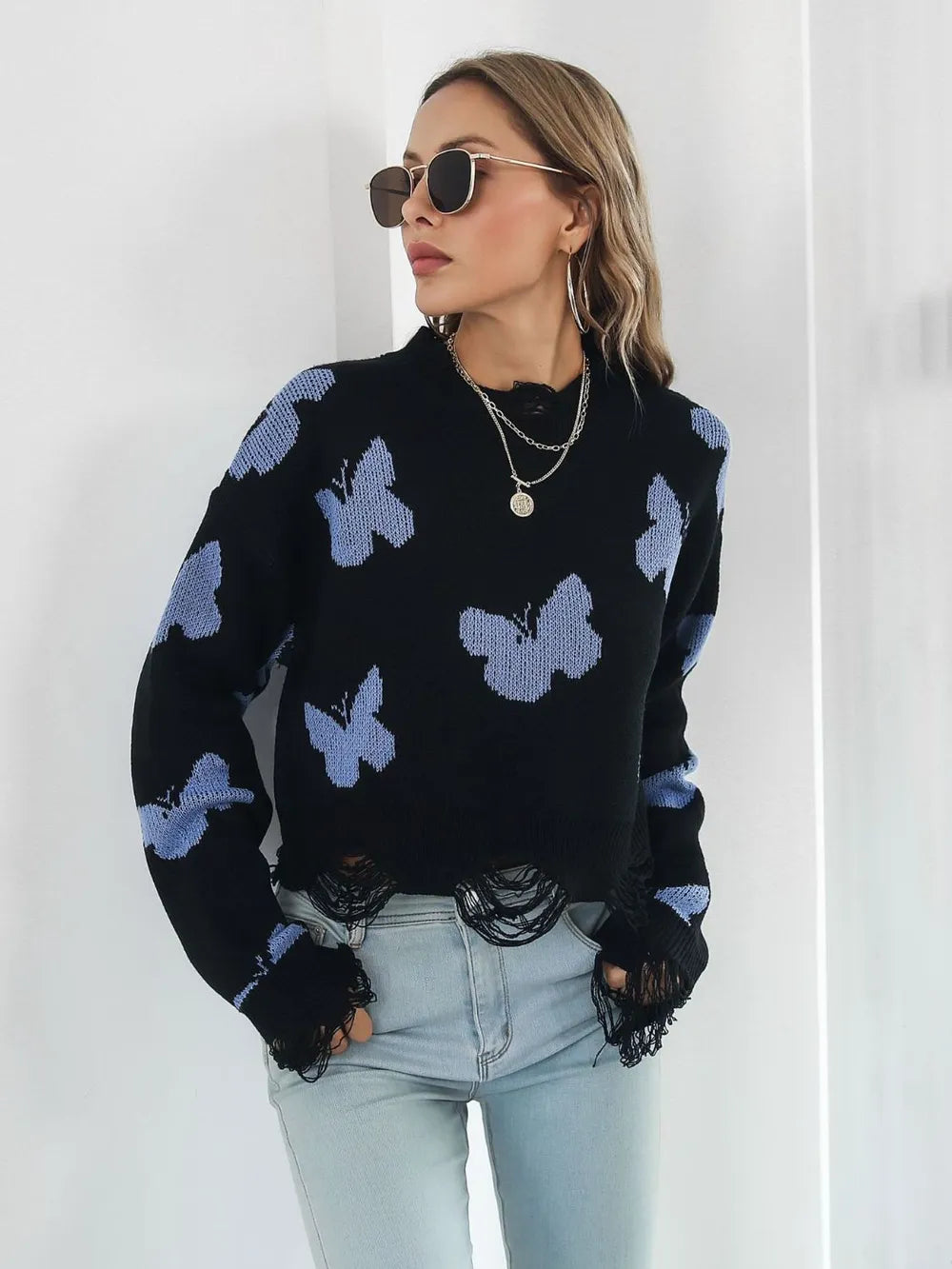 Distressed Butterfly Cropped Sweater – Trendsi | ClozArt