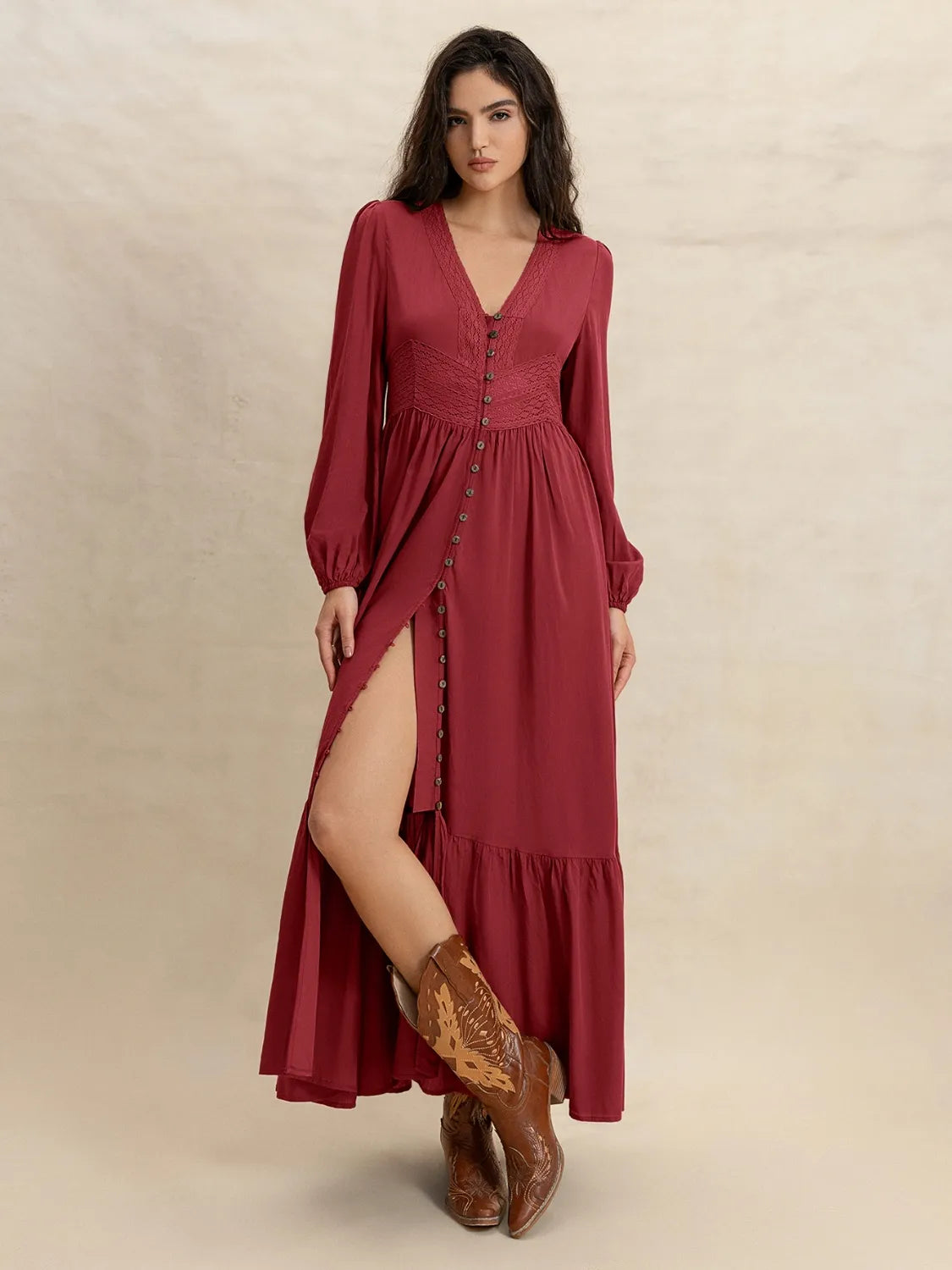 V-Neck Balloon Sleeve Ruffled Hem Maxi Dress – Trendsi | ClozArt