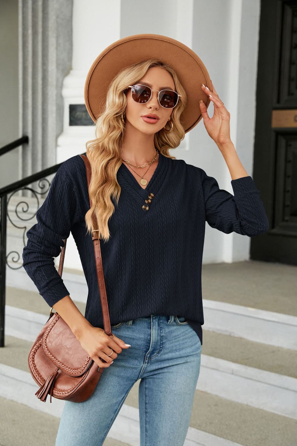 Decorative Button V-Neck Long Sleeve T-Shirt – Trendsi | ClozArt