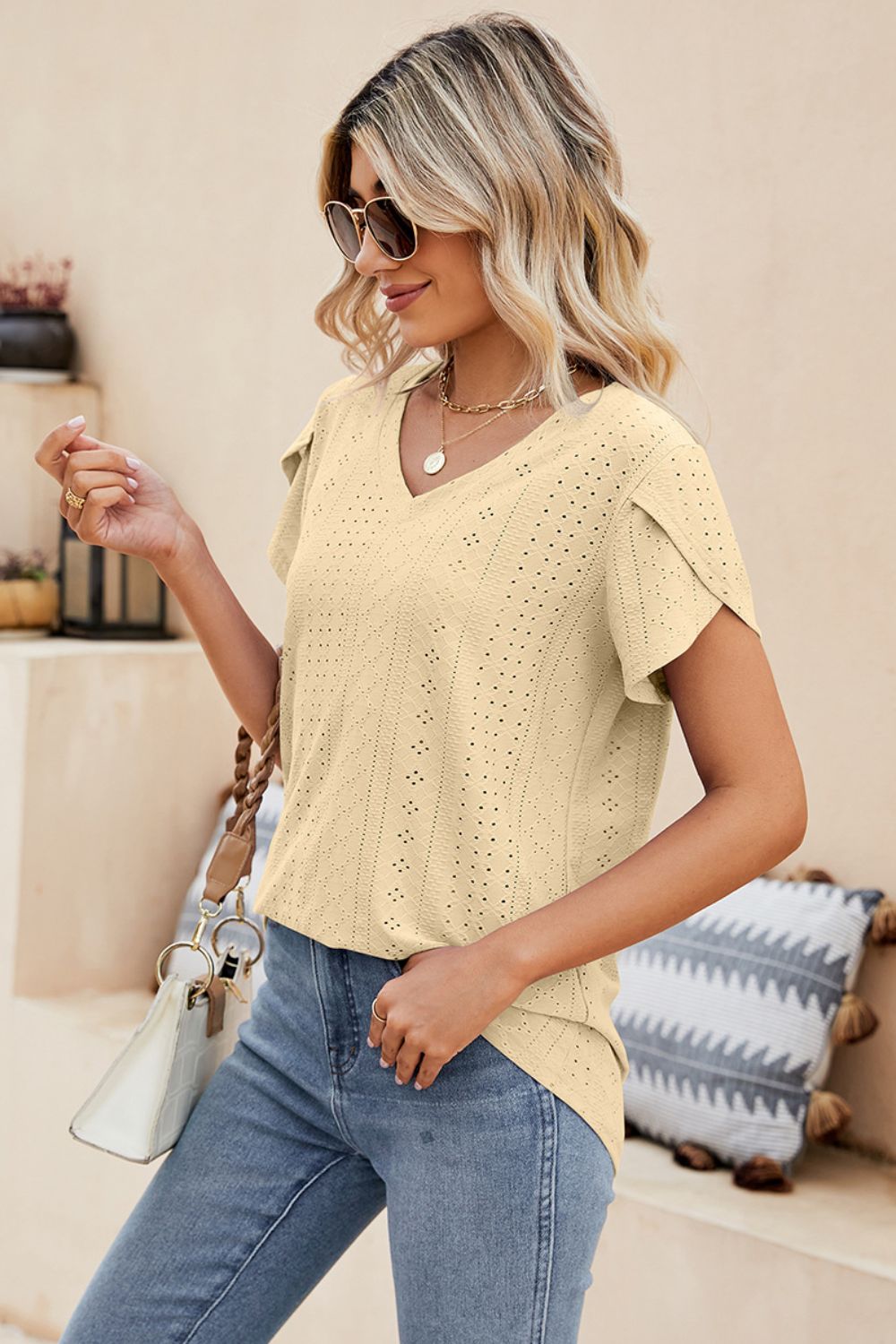Eyelet Petal Sleeve V-Neck Knit Top – Trendsi | ClozArt